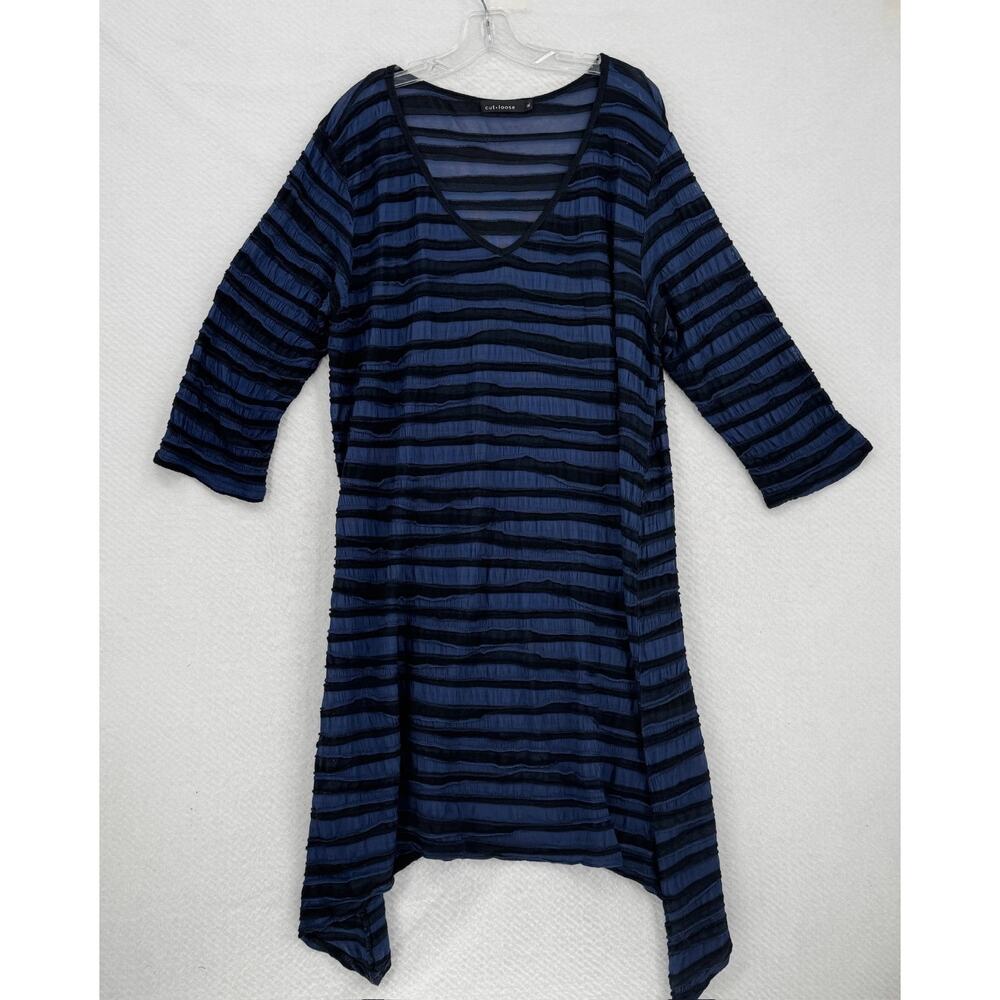 Cut Loose Blue Striped Stretch Boho Asymmetric 3/4 Sleeve Midi Dress Sz XL